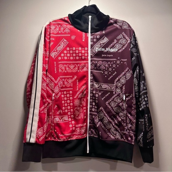 Palm Angels Bandana Track Jacket Zip Up Maroon & Red, Striped Sleeves XL Unisex - Picture 6 of 16
